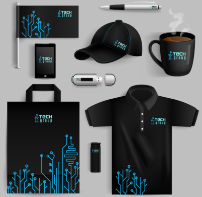 Corporate identity objects set with smartphone lighter cup with technology pattern isolated vector illustration